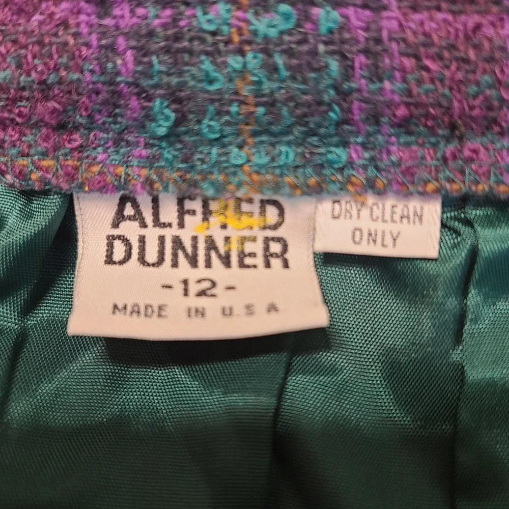 Vintage Alfred Dunner Plaid Skirt Womens 12 Purple Teal Wool Pencil Midi Grandma